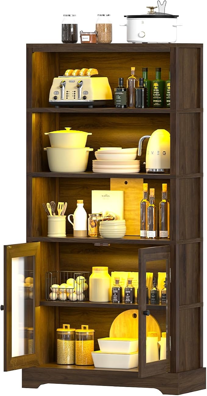 TVU 5-Tier Bookshelf, 65" Bookshelf with Multi-Color Ambient Lights (APP Remote Control), Tall Display Shelf with Cabinet Doors, Suitable for Living Room, Bedroom, Study, Office, Rustic Brown