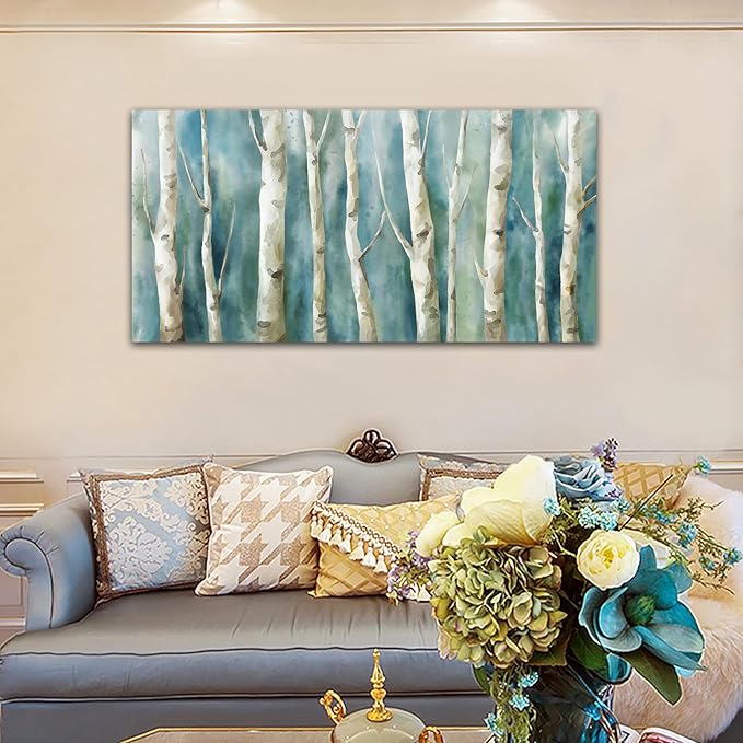 yearainn Birch Trees Canvas Wall Art - Abstract Birch Pictures for Wall Decor Modern Turquoise Canvas Painting Nature Printing Artwork for Living Room Bedroom Home Office Wall Decoration 29" x 58"