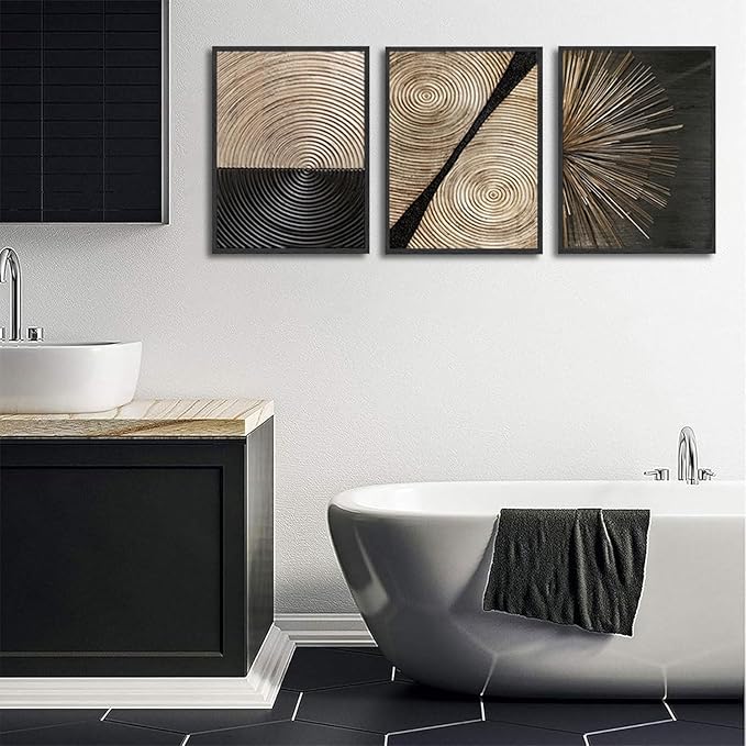 3Pcs Retro Wood grain Abstract Canvas Wall Art Minimalist Black Golden Line Texture Wall Decor Pictures Neutral Geometric Beige Brown Poster Prints for Living Room Bedroom Home Decoration 16x24in