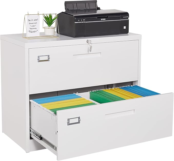 2 Drawer Lateral File Cabinet with Lock, Metal Filing Cabinets for Home Office, Wide Locking File Caninets, White Office Storage Cabnet for Hanging Letter/Legal / A4 / F4 - Assembly Required