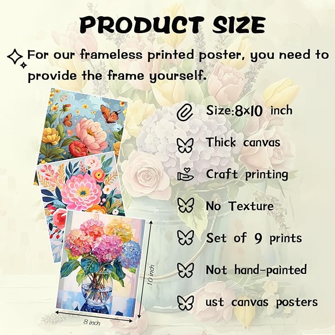 Flowers Market Posters Wall Art Paints Set of 9, Preppy Minimalist Canvas Decor Prints,Vintage Beautiful Flowers in Bucket Pictures for Bathroom Living Room Dorm Home Decor Gifts 8x10In Unframed