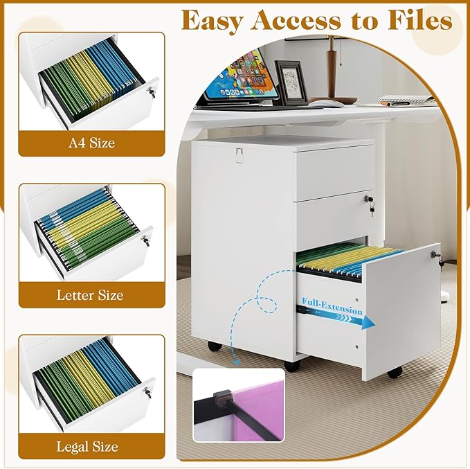 LOKO Mobile File Cabinet with 3 Drawers, Wooden Rolling Filing Cabinet with Lock, Under Desk File Organizer for A4/Letter/Legal Size, for Home Office, Study (White)