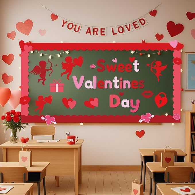Kosiz Valentine's Day Bulletin Board Decoration Set 118 ft Scalloped Bulletin Board Borders Classroom Poster Border Trim with 257 Pcs Letter Number Symbol Cutout for School Decor