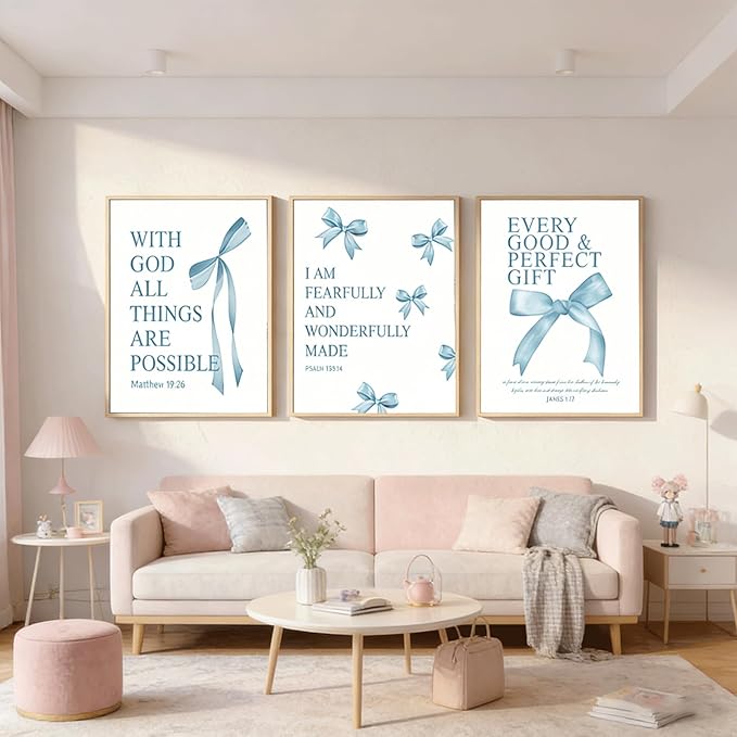 3 Pcs Blue Bow Wall Art Inspirational BiblePreppy Painting Pictures Wall Decor Blue Bow Bible Posters Prints Artwork Aesthetic for Girls Room College Apartment Living Room Bedroom Unframed