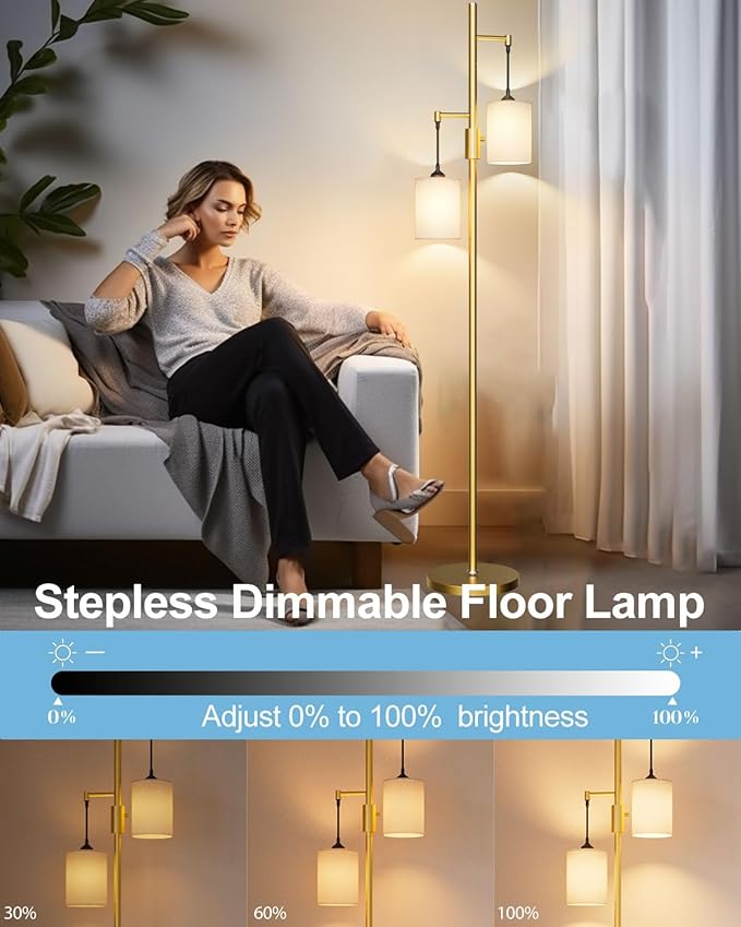Lightdot 65IN Gold Floor Lamp for Living Room, Industrial 2-Light Tree Floor Lamps with Linen Shade, Mid Century Modern Standing Tall Pole Lamp for Bedroom/Sofa Beside/Corner Decor-Gold(Bulb Included)