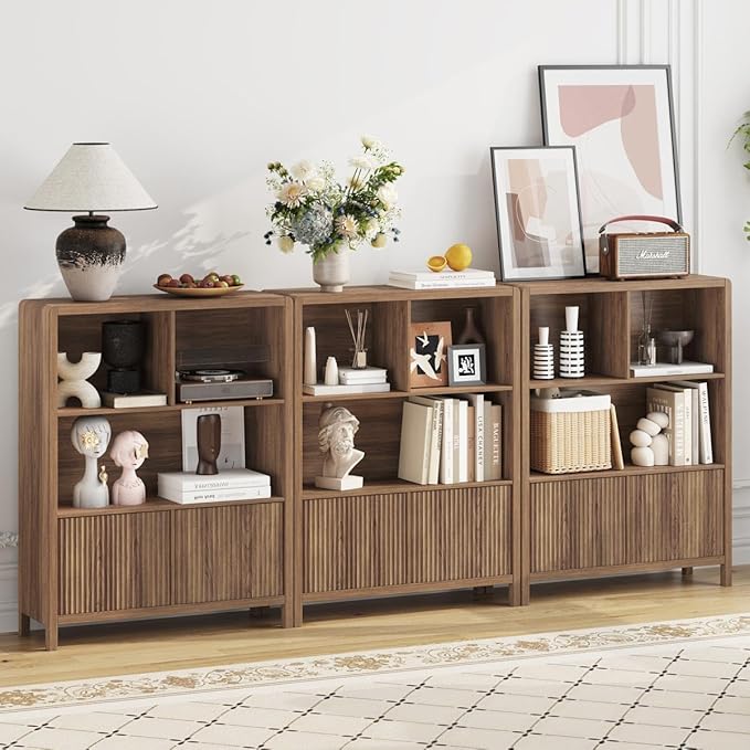 FATORRI Bookshelf with Storage, 5 Cube Bookcase with Doors, Farmhouse Wood Cube Storage Organizer for Home Office, Bedrooom, Living Room (Walnut)