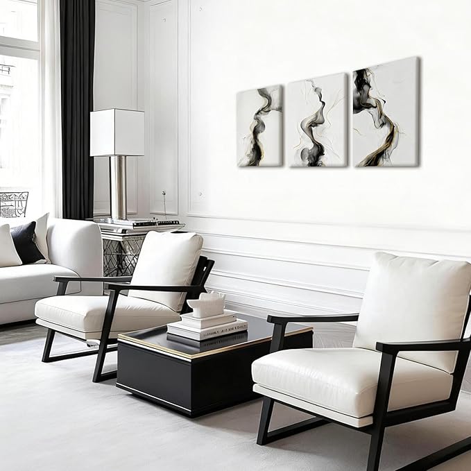 NCCXNCC 3-Pcs Black and White Abstract Canvas Wall Art Modern Black and White Gold Line Wall Decor Painting Fluid Ink Minimalist Style Poster Print Suitable for Living Room Bedroom 12x16 Inch Framed