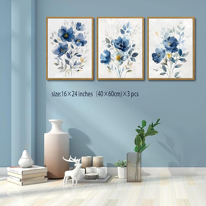 KISSFOX Framed Colorful Wildflower Blue Canvas Wall Art Set Of 3 Flowers Pictures Prints Flowers Printing Floral Watercolors Flower wall Decor Living Room Girls Bedroom Bathroom