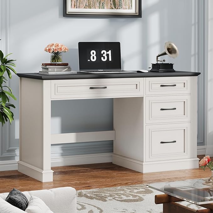 Farmhouse 47" Executive Desk, Computer Desk with Drawers and File Drawer, Workstation Computer Desk with Charging Station for Home Office, Study,(Black
