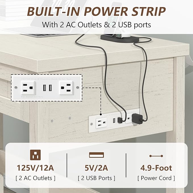 Farmhouse Computer Desk with 2 Drawers, 39 Inch Small Office Computer Desk with Power Outlets, Compact Writing Study Vanity Desk for Small Spaces, White