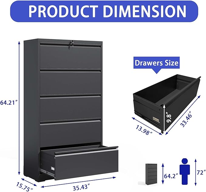 5 Drawer Vertical File Cabinet with Lock, Metal Lateral Filing Cabinet with Hanging Letter/Legal/A4 Folders, Locking Steel Cabinet for Home, Office, Assembly Required - Black