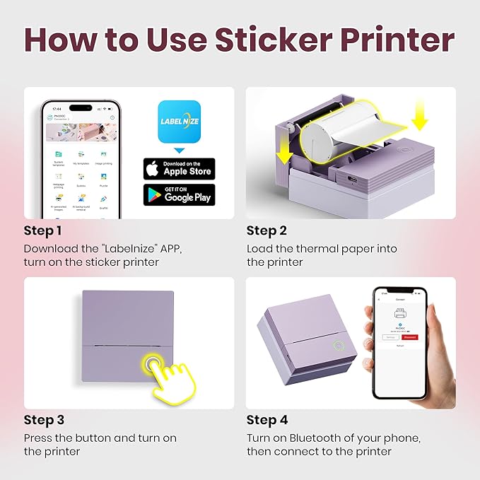 Sticker Printer, PM290C Portable Mini Printer, Inkless Bluetooth Sticker Maker with 3 Rolls Paper, Impresora Portátil for Notes, Journal, DIY, Gift, Print Pod for School/Office/Home, Purple