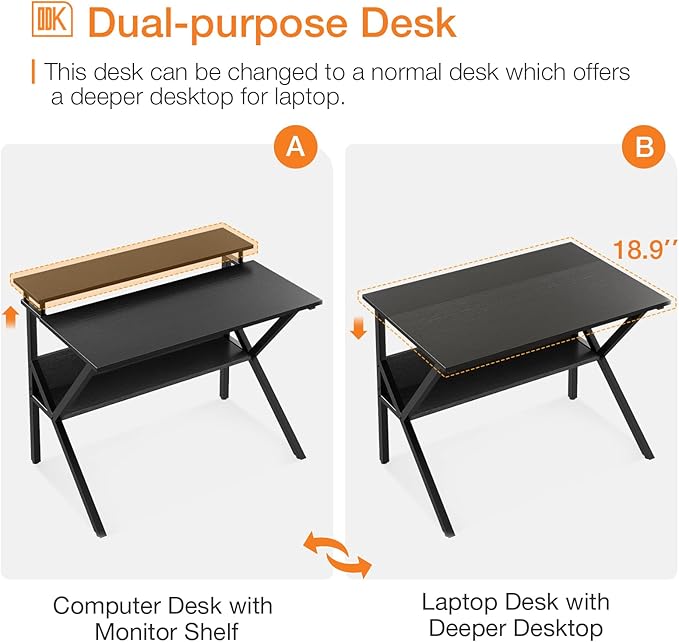 ODK Small Desk, 27.5 Inch Computer Desk for Small Spaces, Kids Desk with Storage, Study Table with Monitor Stand for Homeschool, Black