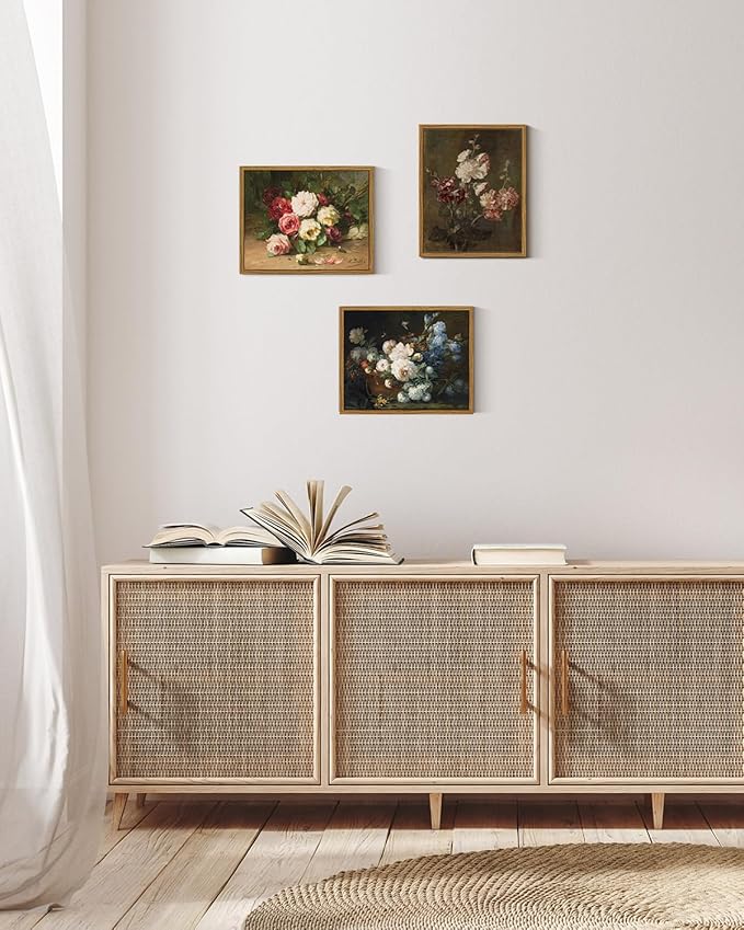 ARPEOTCY Vintage Framed Canvas Wall Art, Bathroom Hydrangea Peonies Floral Pictures Retro Wall Prints Decor, Bedroom Living Room Flower Paintings Farmhouse Moody Decor, 8x10 Inch