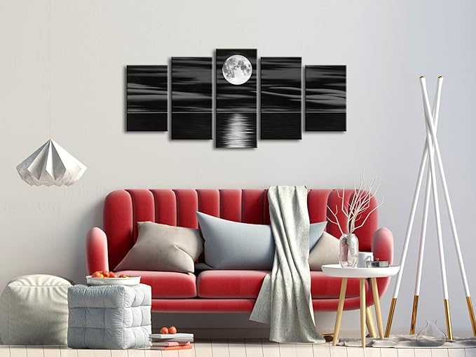 Wieco Art Sea White Full Moon in Night Canvas Print Wall Art Black and White Ocean Beach for Living Room Bedroom Kitchen Home Decorations 5 Piece Modern Abstract Artwork