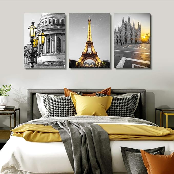 Black and white Architectural landscape Canvas Wall Art for Living Room kitchen Wall Artworks Bedroom Decoration, 3 Piece framed bathroom Home Wall decor posters Yellow Eiffel Tower wall painting