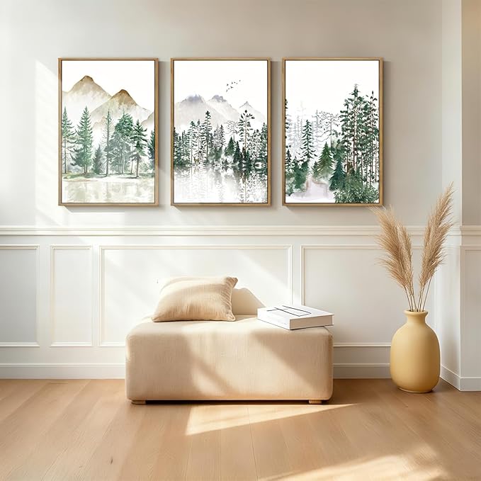 Extra Large Green Forest Mountain Wall Art Watercolor Nature Landscape Framed Wall Decor Boho Pine Tree Painting for Living Room Bedroom Bathroom Office 24x36 Inch Set of 3