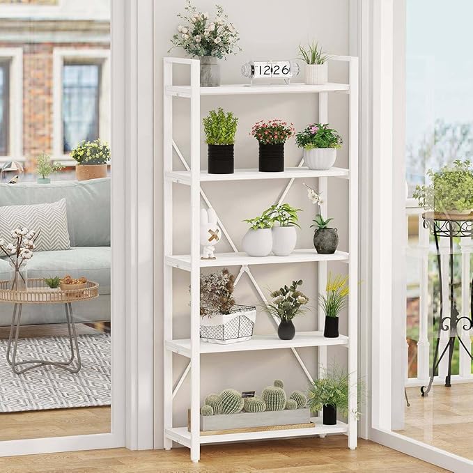 FATORRI 5 Tier Bookshelf, Metal and Wood Bookcase, Etagere Book Shelf for Display, Modern Shelving Unit Tall Book case for Home Office, Living Room (White Oak)