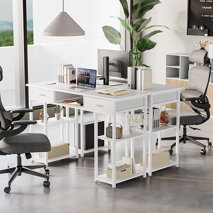 DUMOS 48" Small Computer Home Office Desk for Bedroom with Drawers, Gaming Writing Study Table with Storage Shelf, Adjustable Feet, Metal Frame White