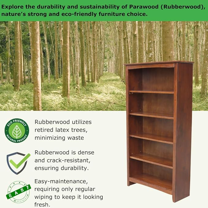 International Concepts, Solid Wood Bookcase 60" High, Adjustable Shelves, Solid, Sturdy Parawood Construction, Eco Friendly, Easy Assembly, Kitchen/Dining Furniture, Espresso