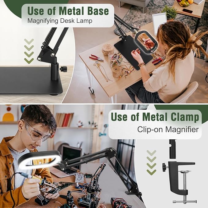 Veemagni 10X Magnifying Glass with Light and Stand, Rectangle Real Glass, 5 Color Modes Dimmable 2-in-1 LED Lighted Desk Lamp & Clamp, Hands Free Magnifier for Reading Craft Repair Painting Close Work