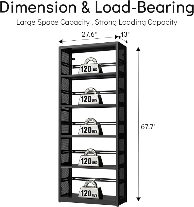 [Heavy Duty] Metal 5 Tier Bookshelf, 68" Tall Bookcase with Adjustable Shelves, Open Storage Shelf, Floor Standing Bookshelves, Bookcases for Office, Living Room, Bedroom, Black, Assembly Required