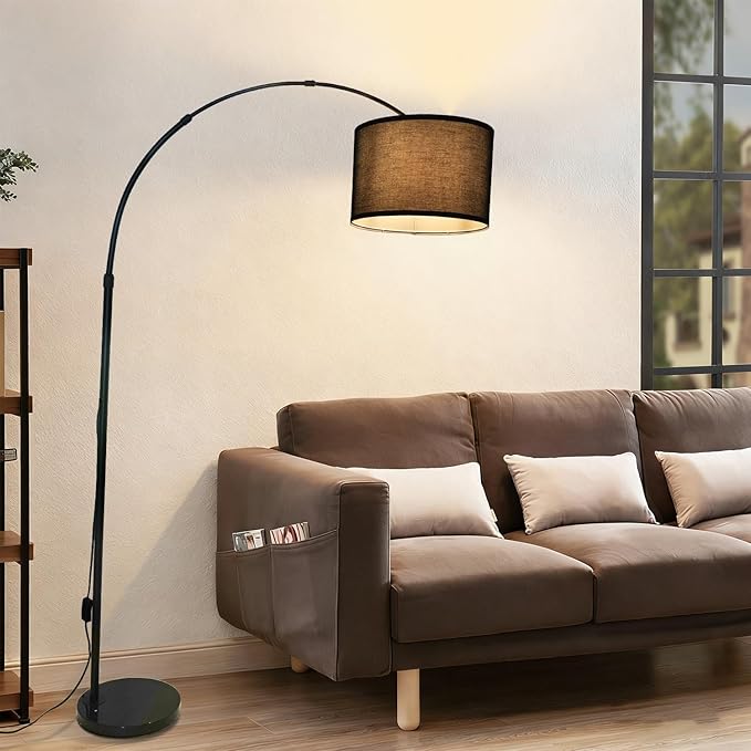 Black Arc Floor Lamp, Modern Standing Floor Lamp with Adjustable Head & Fabric Drum Shade, Over Couch Reading Light for Living Room, Bedroom, Office, Study Room