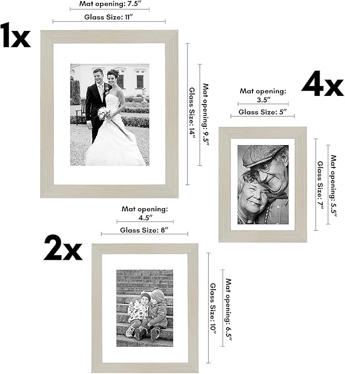 Americanflat Set of 7 Picture Frames with Shatter-Resistant Glass - Gallery Wall Frame Set with One 11x14, Two 8x10 and Four 5x7 Frames - Signature Collection - Light Wood