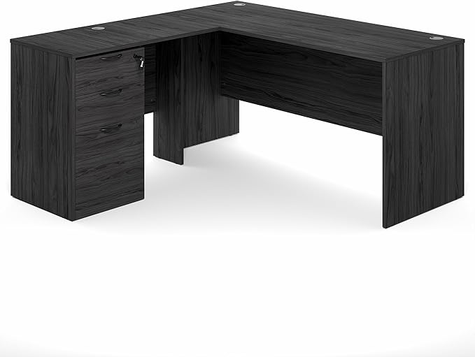 Furinno Roger 60 Inch L-Shaped Executive Desk with File Cabinet, L-Shaped Office Desk with 3-Drawer Fixed Pedestal Filing Cabinet, Desk Cord Grommet, for Home Office, Coastal Grey