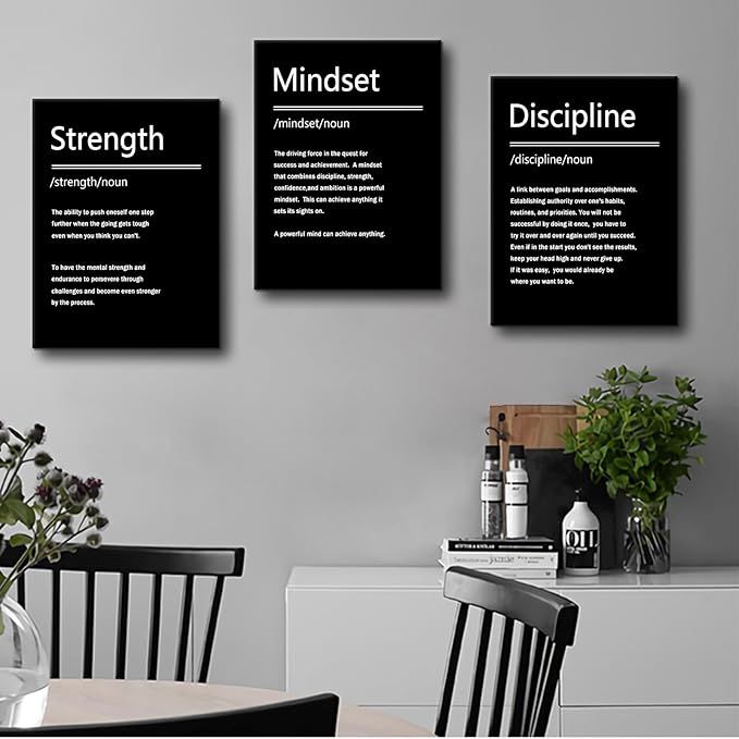 Inspirational Canvas Wall Art Strength Discipline Mindset 3 Pieces Poster Print Motivational Quotes Office Decor Picture Painting Artwork for Modern Home Bedroom Bathroom Ready to Hang [36''W x 16''H]
