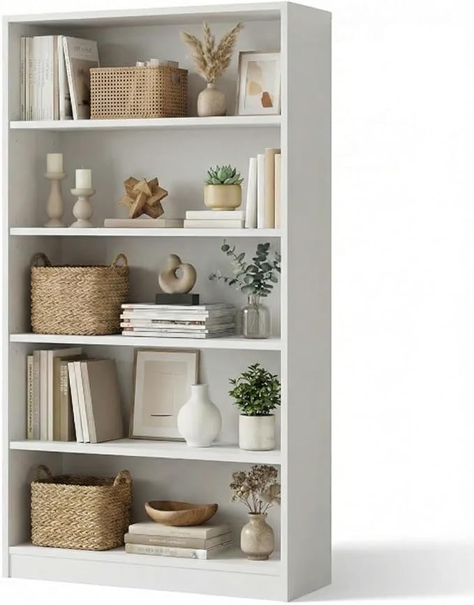 5 Tier Wooden Bookshelf, 60" H Tall Book Shelf with Adjustable Shelves, 33" Wide Bookshelf for Home Office, Living Room