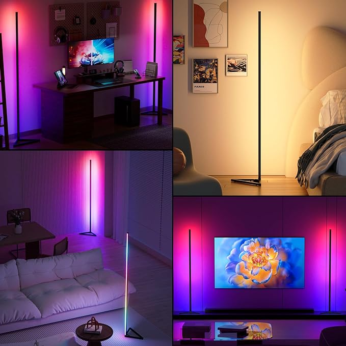 MIHEAL 2PCS Black Corner Floor Lamp, Synced Lights LED Control Floor Lamp RGB Light 56" Smart LED Corner Lamp App and Remote for Living Room Gaming Bedroom and Etc