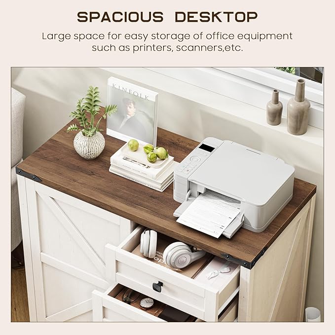 Lateral File Cabinet with 5 Drawers, Farmhouse File Cabinet with Adjustable Shelf, Large Wood File Storage Cabinets Printer Stand for Home Office Cabinets, Rustic White and Brown
