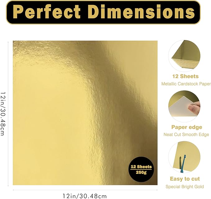 Gold Cardstock Paper 12x12 Inch, 12 Sheets Heavy Weight 92lb/250GSM Shimmer Metallic Mirror Finish for Scrapbooking, Wedding Invitations, Card Making, Party Decorations ﻿