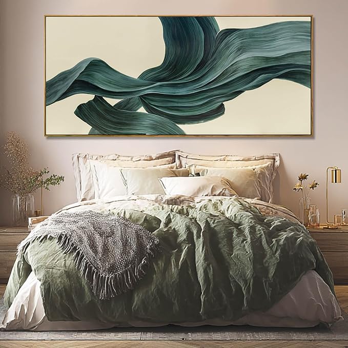 Large Abstract Canvas Wall Art 32x70 Inch, Dark Green Framed Canvas Wall Art, Modern Horizontal Printed Wall Art with Wooden Frame for Living Room Home Decor