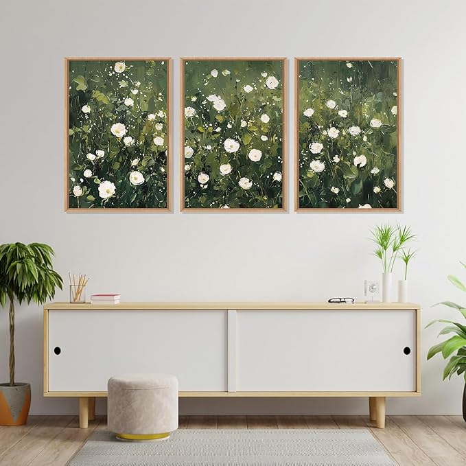 HLNIUC Green White Floral Framed Wall Art Set, Abstract Flower Canvas Wall Decor, Modern Botanical Wall Painting, Blossom Landscape Art Print for Living Room, Bedroom, Office - 16"x24"x3