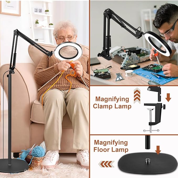 LANCOSC 10X Magnifying Glass with Light and Stand, Real Glass Lens, 5 Color Modes Dimmable, 3-in-1 Adjustable Swing Floor Lamp, LED Lighted Hands Free Magnifier & Clamp for Reading, Crafts, Painting