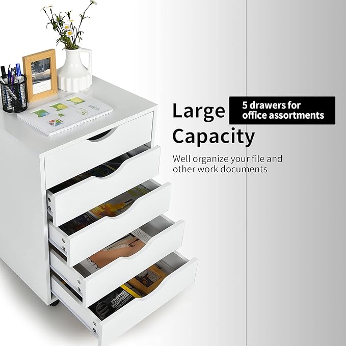Giantex 5-Drawer Vertical File Cabinet, Mobile Office Storage Cabinet with Drawers, Large Capacity, 2 Lockable Casters and Universal Wheels, Under Desk Side Printer Stand Rolling File Cabinet (White)