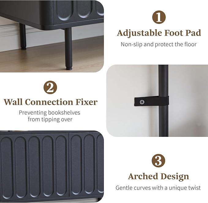 71" Tall Bookshelf with Door, 6-Tier Bookcase Modern Metal Book Shelf with Open Shelves & Adjustable Footpad Freestanding Storage Cabinet for Living Room, Home Office (Black)