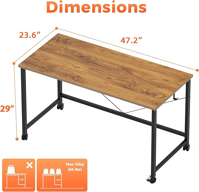 Mericonia 48 inch Rolling Computer Desk with Wheels, Gaming Desk for Small Spaces, Modern Simple Style Table for Home Office, Study Writing Table