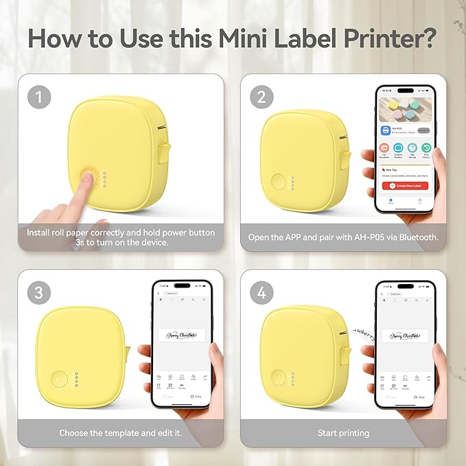 Mini Label Maker Machine with Tape AH-P05, Portable Bluetooth Mini Label Printer, Wireless Thermal Label Maker, Waterproof & Rechargeable, Built-in Cutter, for Home, Office, Kitchen – Yellow