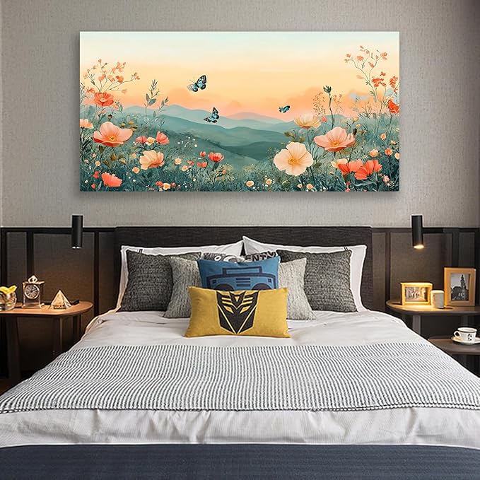 JLXART Large Canvas Wall Art Mountain Landscape with Flowers and Butterflies Living Room Decor Floral Nature Print Bedroom Office Wall Decor Framed Art 30 x 58 inches Ready to Hang