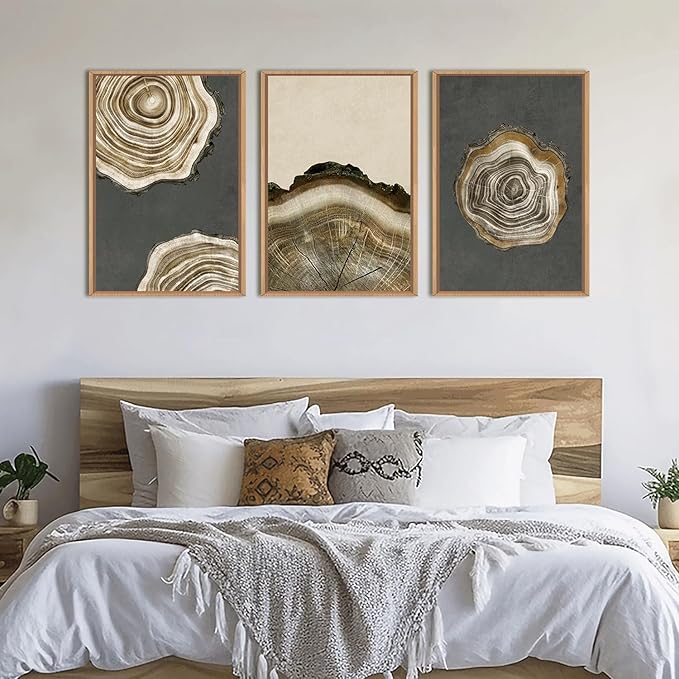 Ausril Tree Ring Framed Canvas Wall Art Set of 3- Brown and Gray Abstract Wood Tree Ring Print, 16"×24" Modern Wall Decor for Living Room, Bedroom, Office - Vintage Minimalist Gray Wood Painting