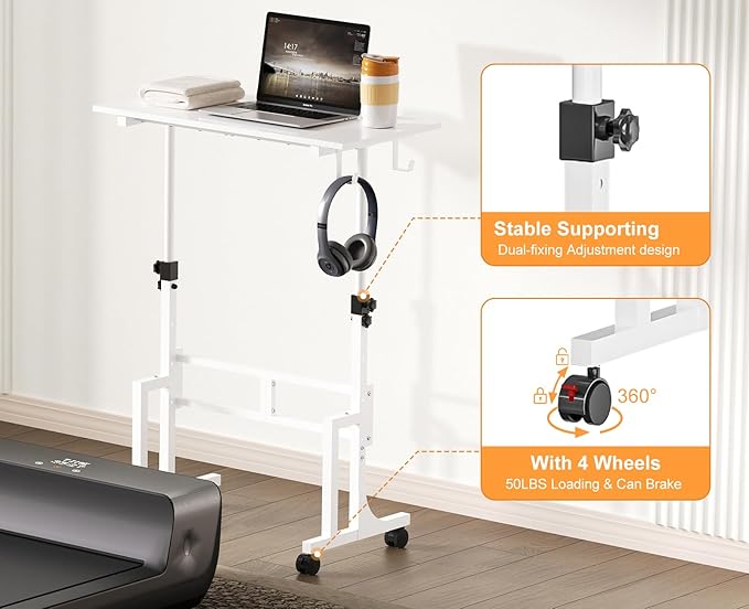 Small Adjustable Height Standing Desk With 2 Hooks, Rolling Sit Stand Up Desk With Wheels, Adjustable Mobile Portable Table For Walking Pad Laptop Treadmill Computer, 4 Height Levels, 2 Hooks