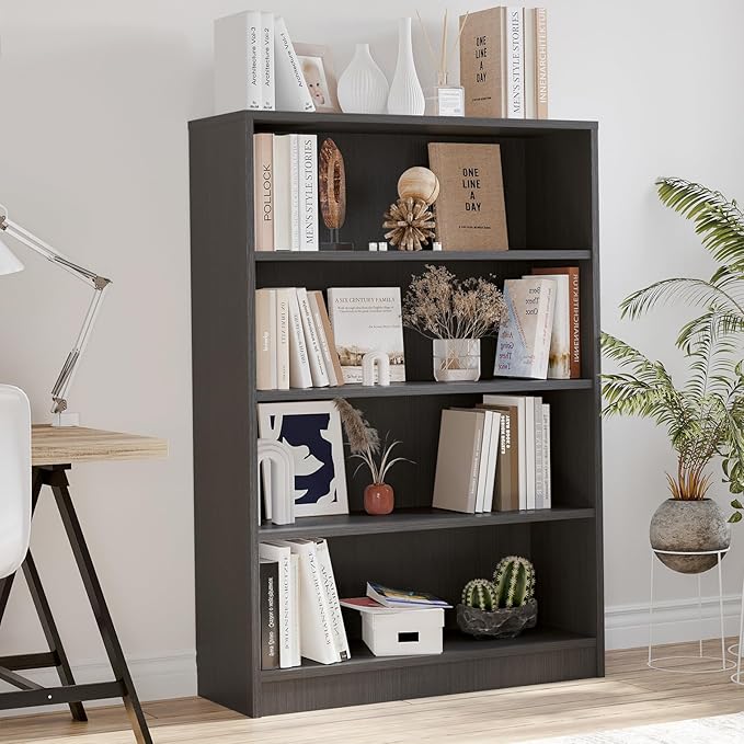 Bookcase Adjustable Storage Shelves,4-Tier Modern Wood Bookcase for Bedroom,48-Inch Bookshelf, Office, Living Room & Library(Crey)