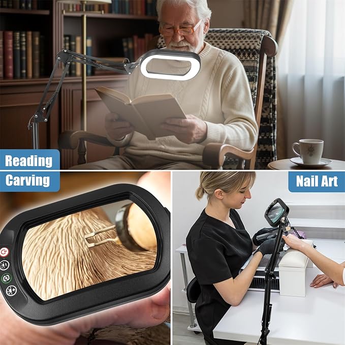 12X Magnifying Glass with Light and Stand, Real Glass Lens, 5 Color Modes LED Dimmable Lighted, 3-in-1 Floor Lamp with Clamp, Hands Free Magnifier for Reading, Craft Sewing Painting Close Work