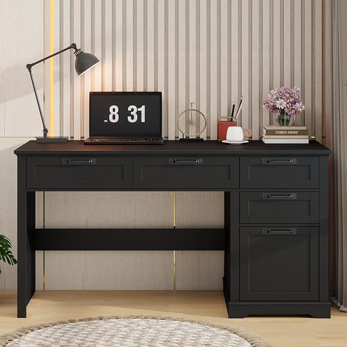 Vabches 55" Farmhouse Home Office Desk with File Drawer, Executive Computer Desk with 4 Storage Drawers, Rustic Computer Desk for Working, Studying, Writing, Black