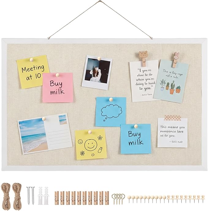 Cork Board with Linen, 30" x 20" Double-Sided Bulletin Board Corkboard for Wall Picture Display Framed Vision Boards for Home Office School Pin Boards with 20 Pushpins &10 Clips