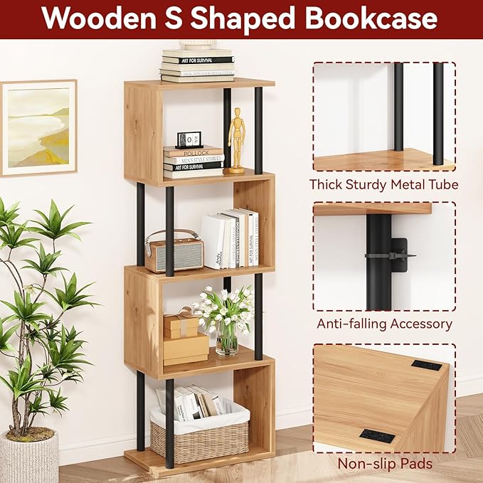 IBUYKE 5-Tier Tall Bookshelf,S-Shaped Geometric Bookcase, Wood Display Shelves with Storage,Modern Bookshelf for Living Room Bedroom, Home Office,Oak WBC015K