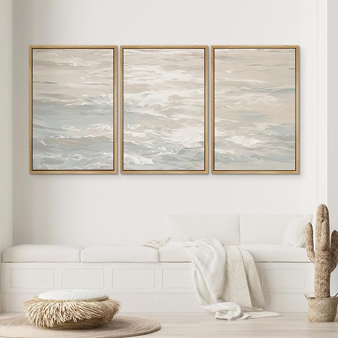SIGNWIN Framed Canvas Print Wall Art Set Serene Neutral Ocean Waves Abstract Illustrations Modern Art Decorative Nordic Abstract for Living Room, Bedroom, Office - 16"x24"x3 Natural